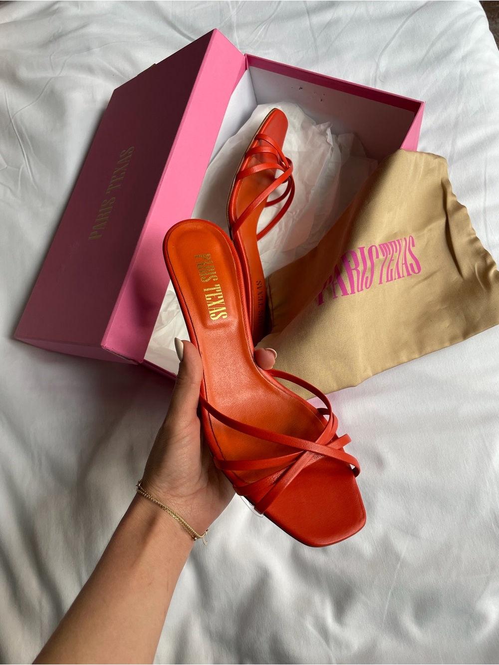Paris Texas Red-Orange Strappy Slide Heels
